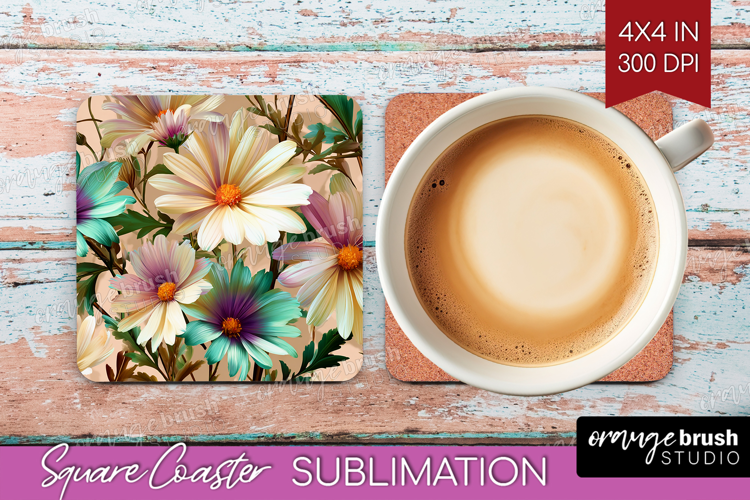 3D Flowers Square Coaster - Summer Coaster PNG Sublimation