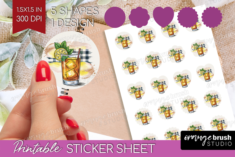 Tea Bourbon Cocktail Round Sticker Summer Drink Printable
