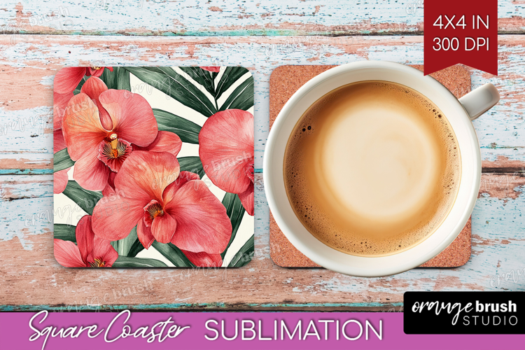 Tropical Flowers Square Coaster - Floral Coaster PNG