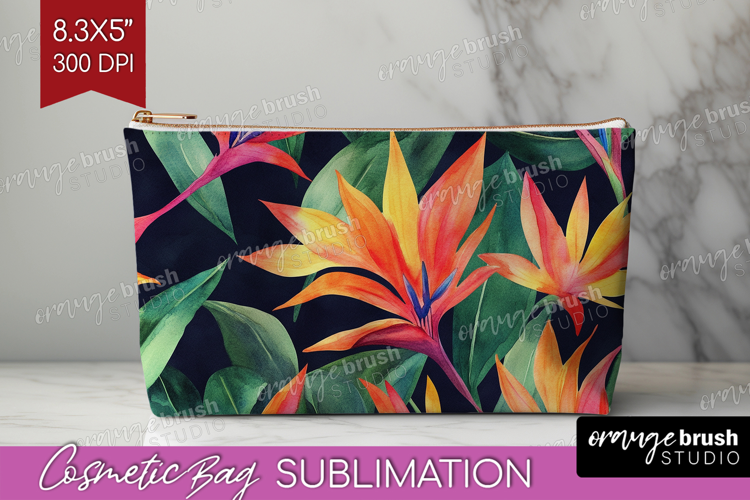 Tropical Flowers Cosmetic Bag - Floral Makeup Bag PNG