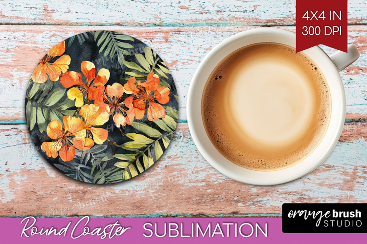 Tropical Flowers Round Coaster - Floral Coaster PNG
