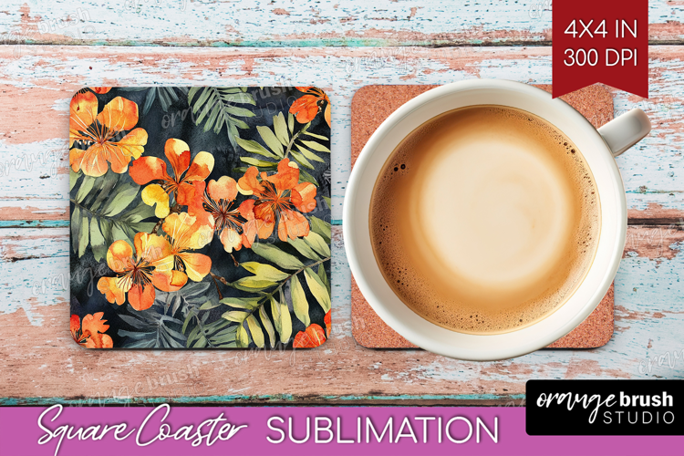 Tropical Flowers Square Coaster - Floral Coaster PNG