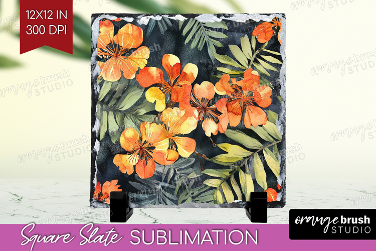 Tropical Flowers Slate PNG - Floral Square Slate Sublimation example image 1