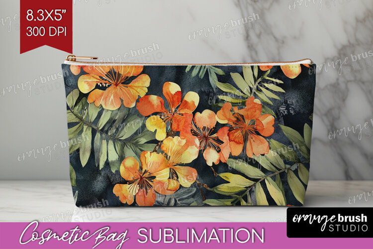 Tropical Flowers Cosmetic Bag - Floral Makeup Bag PNG example image 1