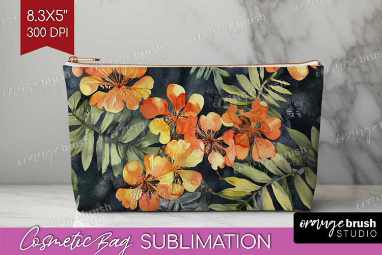Tropical Flowers Cosmetic Bag - Floral Makeup Bag PNG