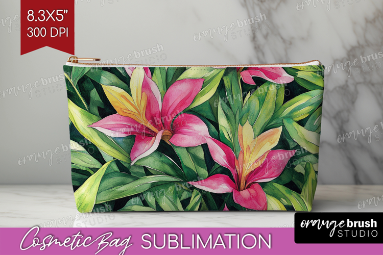 Tropical Flowers Cosmetic Bag - Floral Makeup Bag PNG