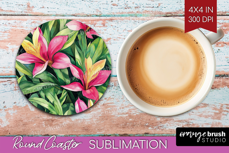 Tropical Flowers Round Coaster - Floral Coaster PNG
