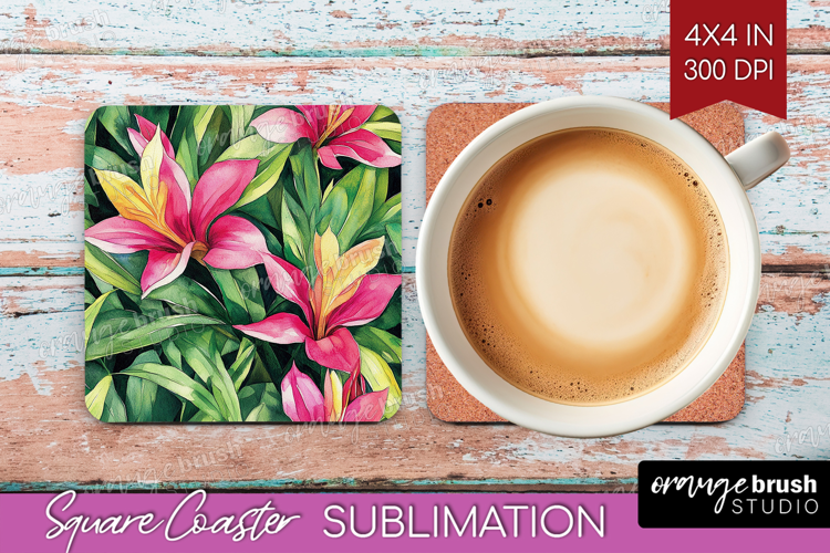 Tropical Flowers Square Coaster - Floral Coaster PNG