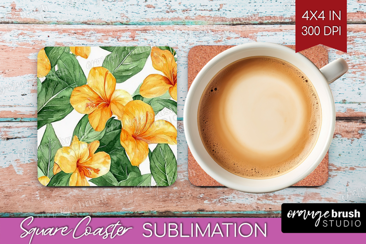 Tropical Flowers Square Coaster - Floral Coaster PNG