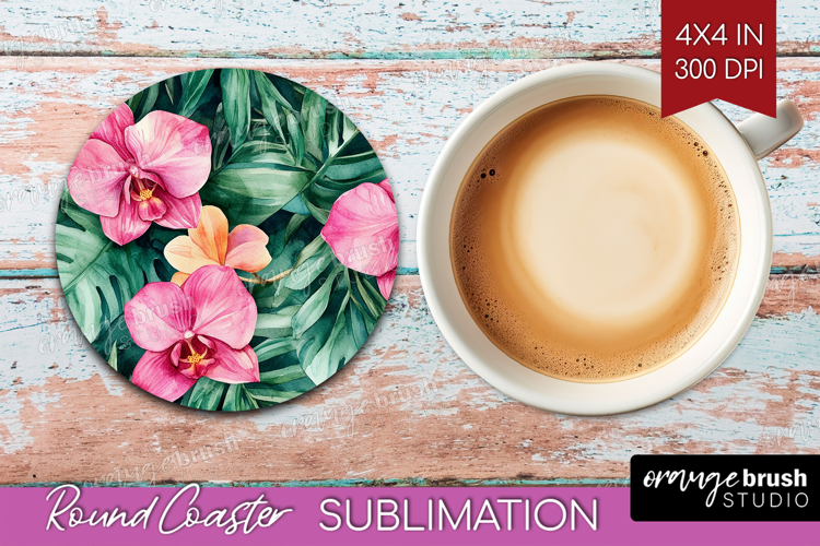 Tropical Flowers Round Coaster - Floral Coaster PNG