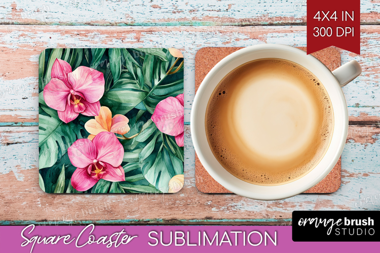Tropical Flowers Square Coaster - Floral Coaster PNG