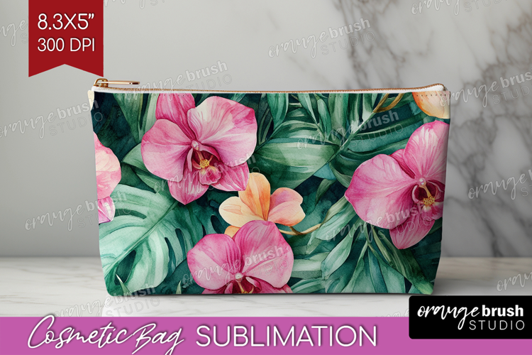 Tropical Flowers Cosmetic Bag - Floral Makeup Bag PNG