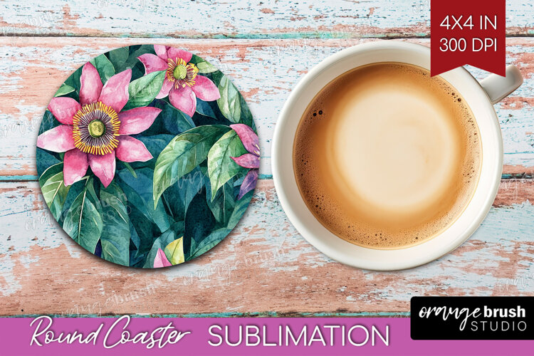 Tropical Flowers Round Coaster - Floral Coaster PNG example image 1
