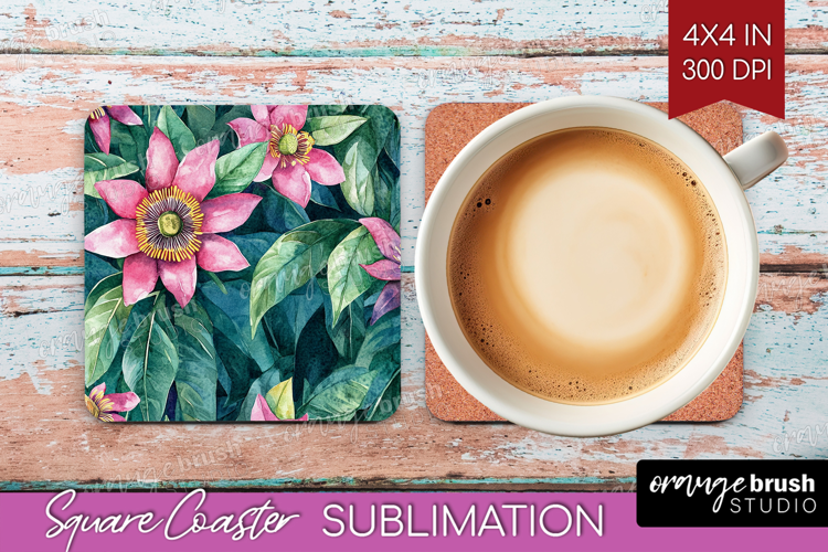 Tropical Flowers Square Coaster - Floral Coaster PNG
