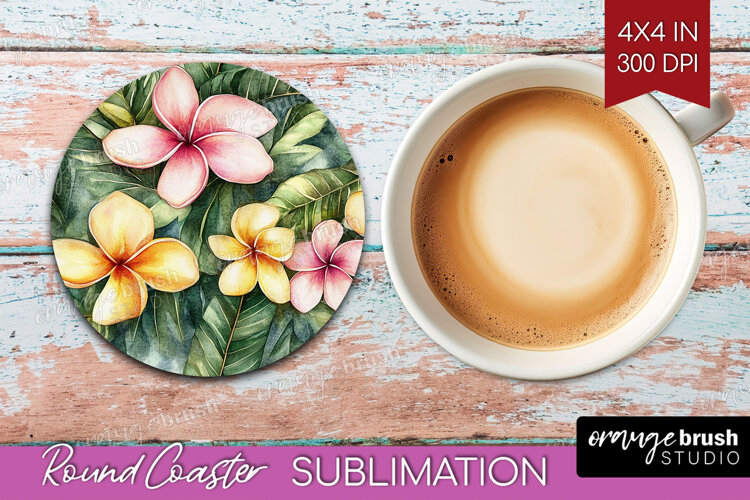 Tropical Flowers Round Coaster - Floral Coaster PNG example image 1