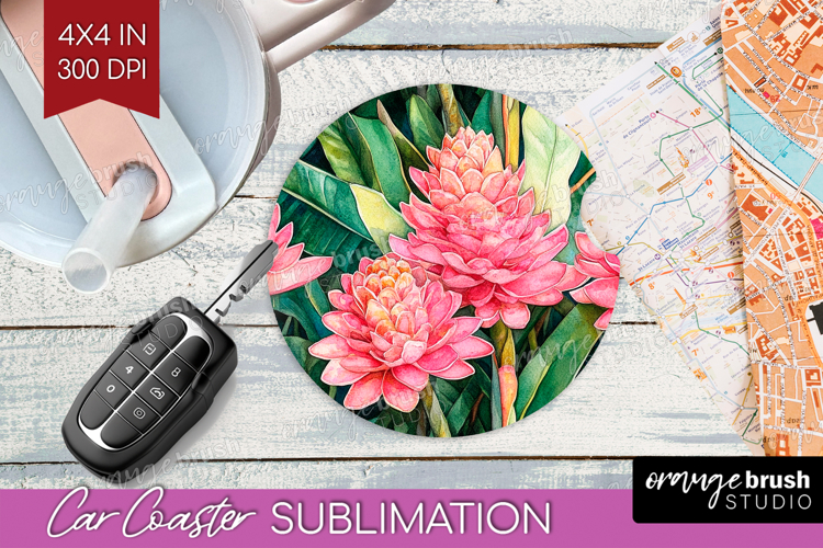 Tropical Flowers Car Coaster - Floral Coaster PNG
