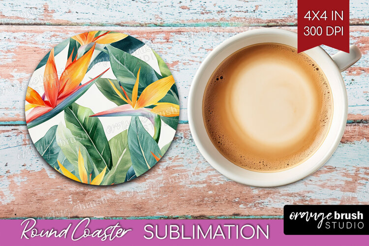 Tropical Flowers Round Coaster - Floral Coaster PNG example image 1