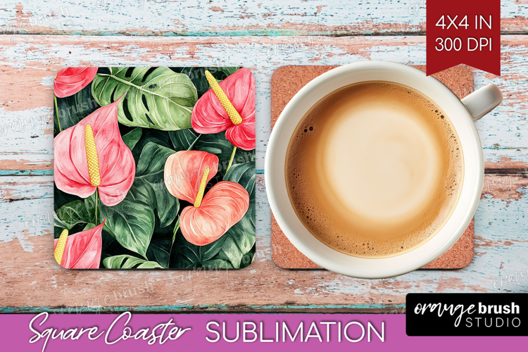 Tropical Flowers Square Coaster - Floral Coaster PNG
