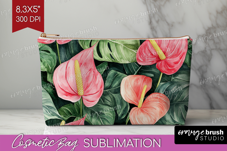 Tropical Flowers Cosmetic Bag - Floral Makeup Bag PNG