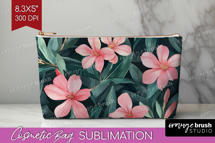 Tropical Flowers Cosmetic Bag - Floral Makeup Bag PNG