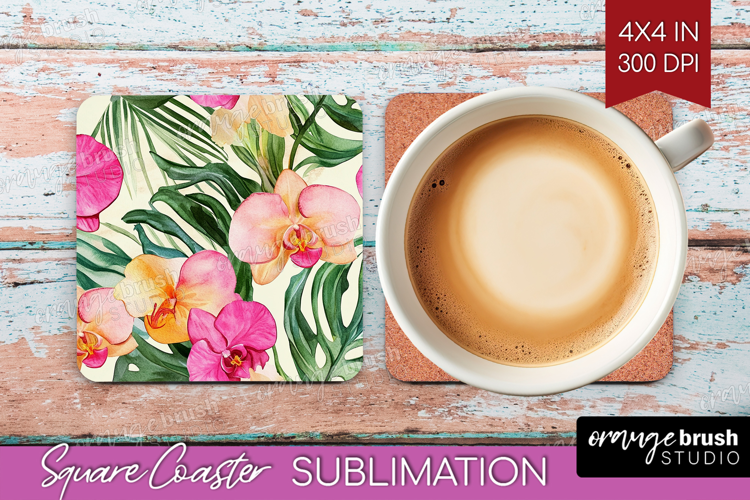 Tropical Flowers Square Coaster - Floral Coaster PNG