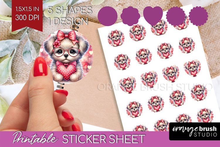 Valentine Dog Round Sticker - Cute Puppy Printable Sticker