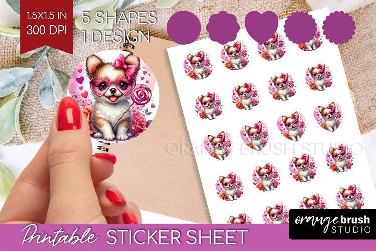 Valentine Dog Round Sticker - Cute Puppy Printable Sticker