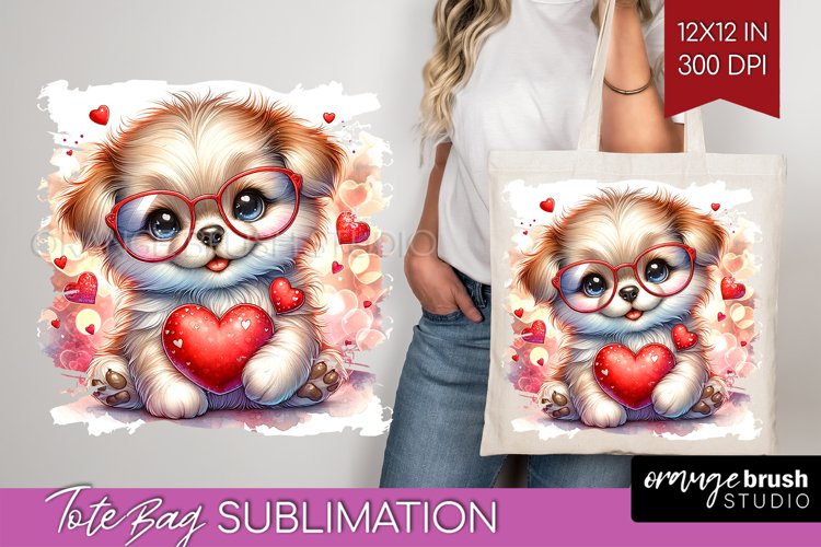 Valentine Dog Tote Bag - Cute Puppy Tote Bag PNG Sublimation