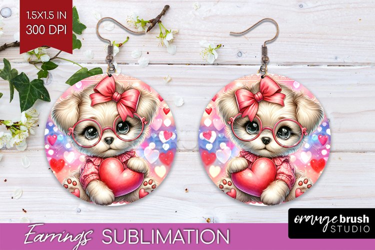 Valentine Dog Round Earrings - Cute Puppy PNG Sublimation