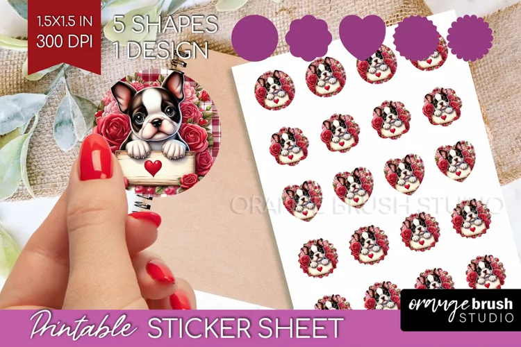 Valentine Dog Round Sticker - Valentines Day Printable Sheet