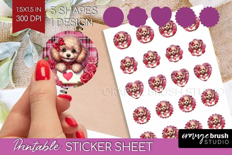 Valentine Dog Round Sticker - Valentines Day Printable Sheet