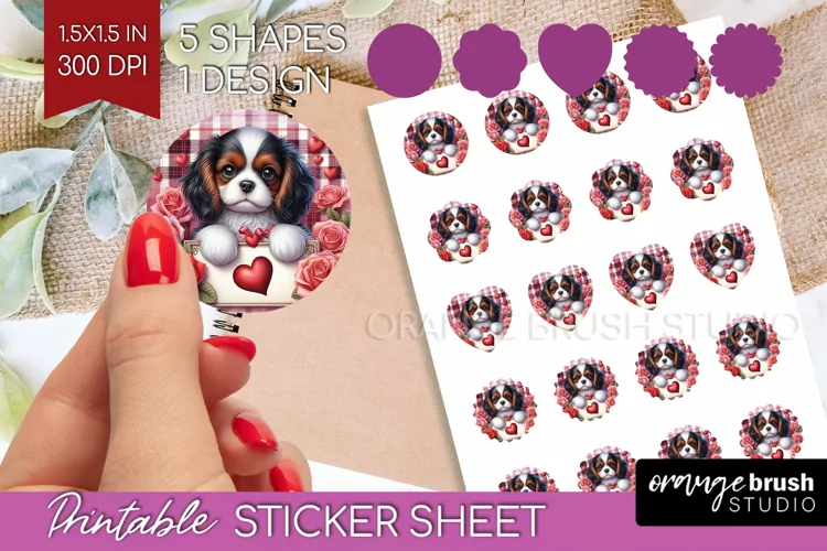 Valentine Dog Round Sticker - Valentines Day Printable Sheet