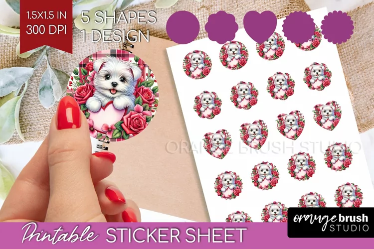Valentine Dog Round Sticker - Valentines Day Printable Sheet