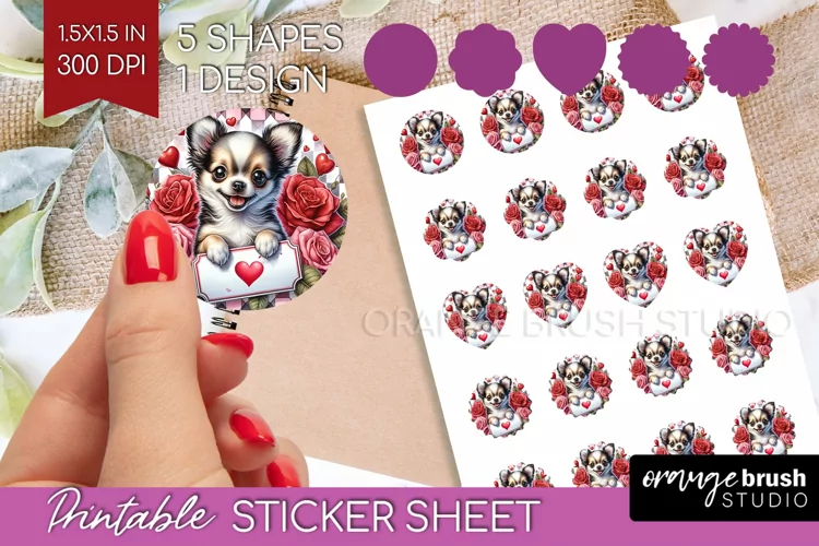 Valentine Dog Round Sticker - Valentines Day Printable Sheet