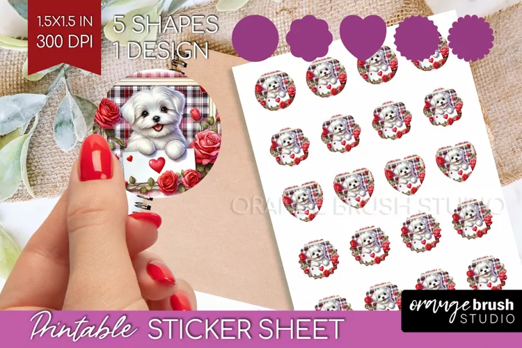 Valentine Dog Round Sticker - Valentines Day Printable Sheet