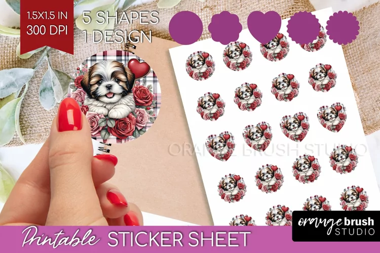 Valentine Dog Round Sticker - Valentines Day Printable Sheet