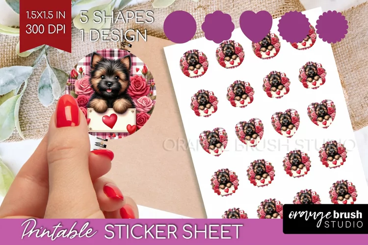 Valentine Dog Round Sticker - Valentines Day Printable Sheet