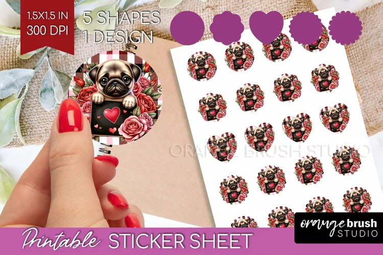 Valentine Dog Round Sticker - Valentines Day Printable Sheet