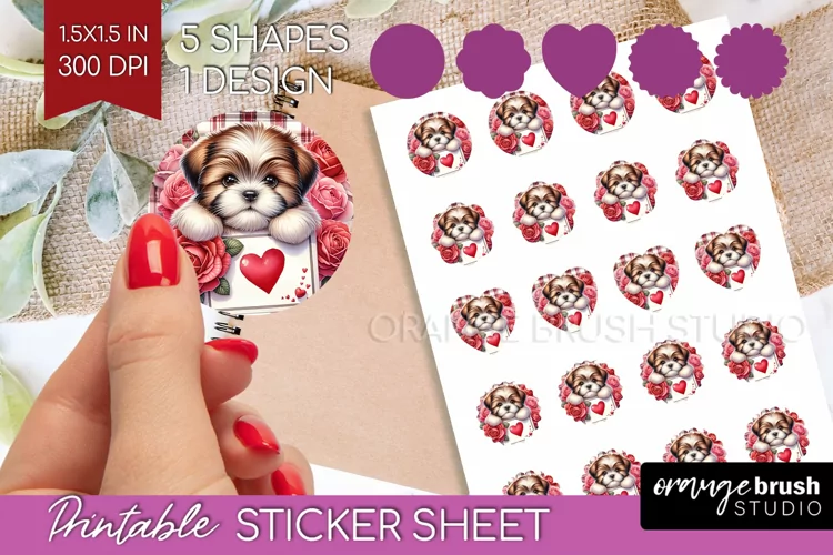 Valentine Dog Round Sticker - Valentines Day Printable Sheet