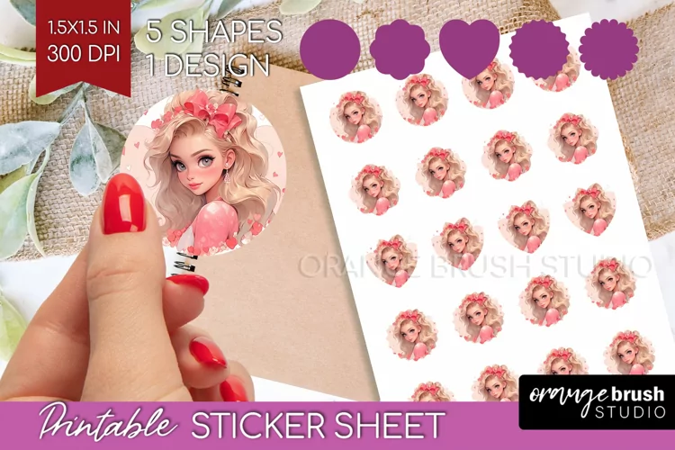 Valentine Girl Round Sticker - Valentines Day Printable