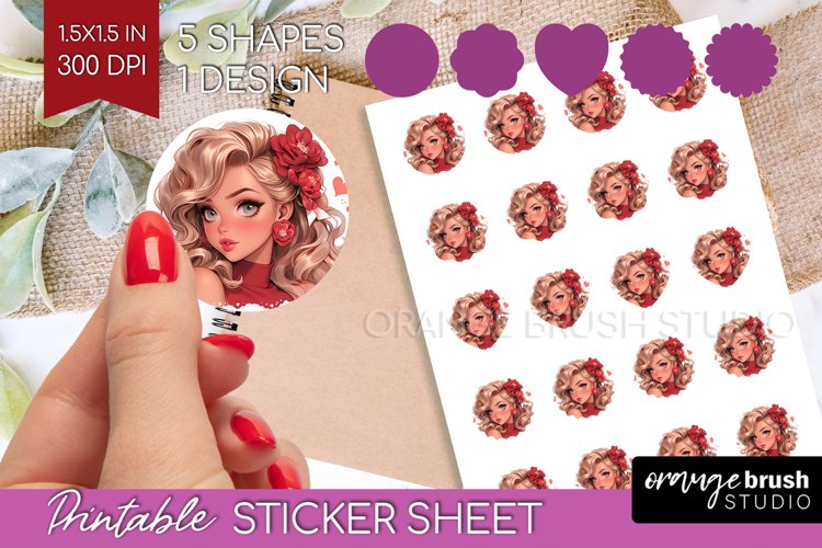 Valentine Girl Round Sticker - Valentines Day Printable example image 1