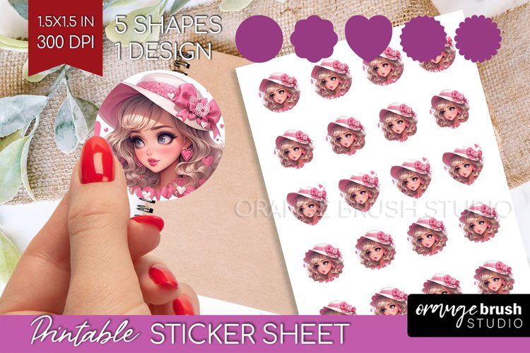 Valentine Girl Round Sticker - Valentines Day Printable example image 1