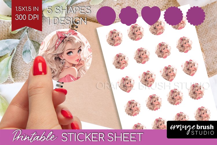 Valentine Girl Round Sticker - Valentines Day Printable example image 1