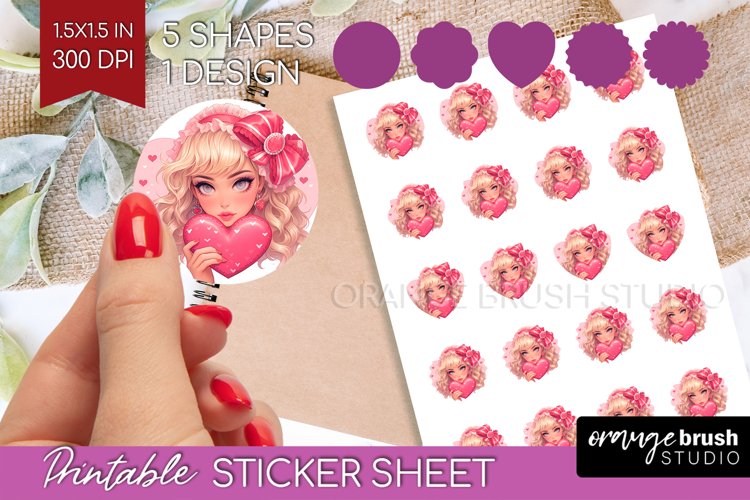 Valentine Girl Round Sticker - Valentines Day Printable example image 1