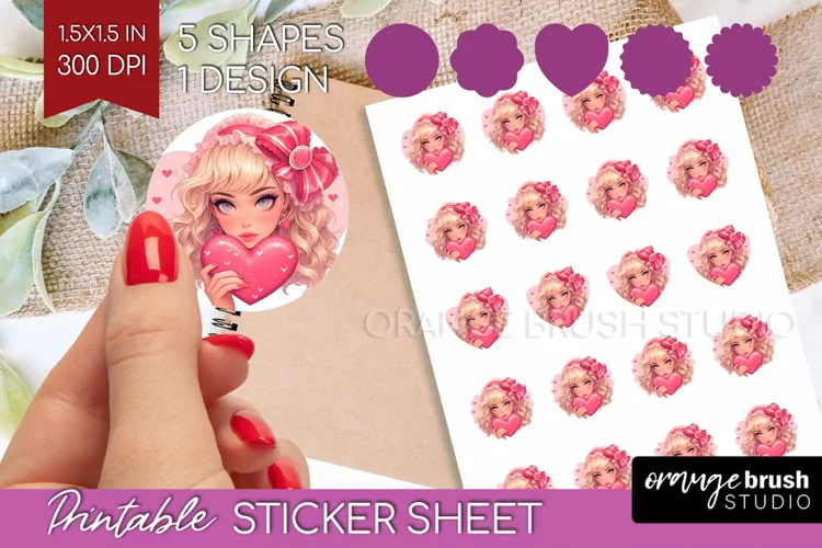 Valentine Girl Round Sticker - Valentines Day Printable