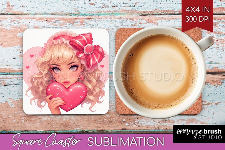 Valentine Girl Square Coaster - Valentines Day Coaster PNG