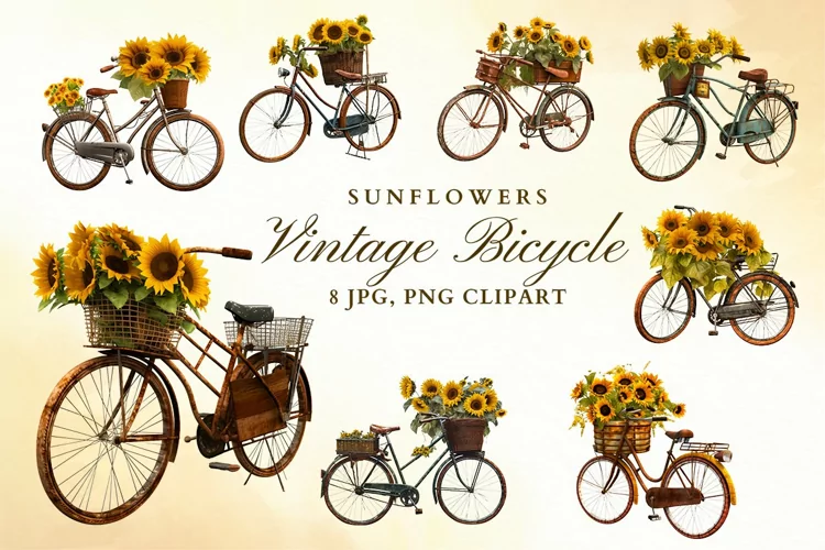 Vintage Bicycle Style Rusty Sunflowers Clipart PNG