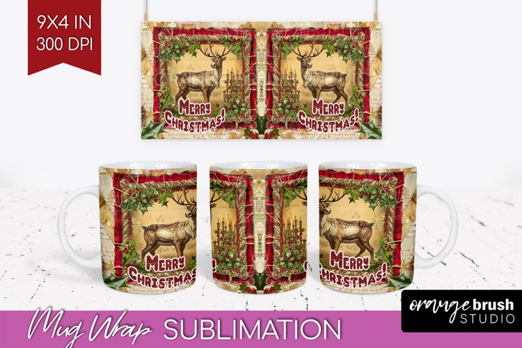 Vintage Christmas Mug Wrap - Retro Xmas 15Oz Mug Sublimation example image 1
