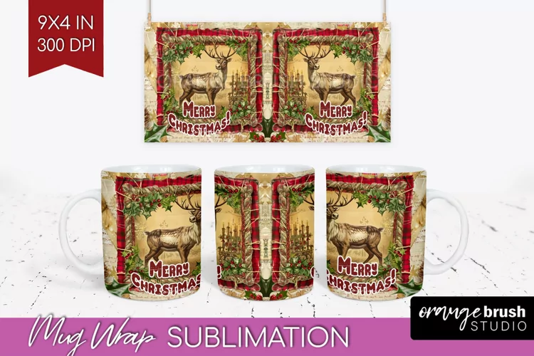 Vintage Christmas Mug Wrap - Retro Xmas 15Oz Mug Sublimation
