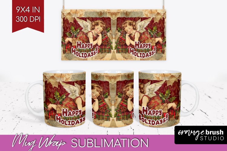 Vintage Christmas Mug Wrap - Retro Xmas 15Oz Mug Sublimation